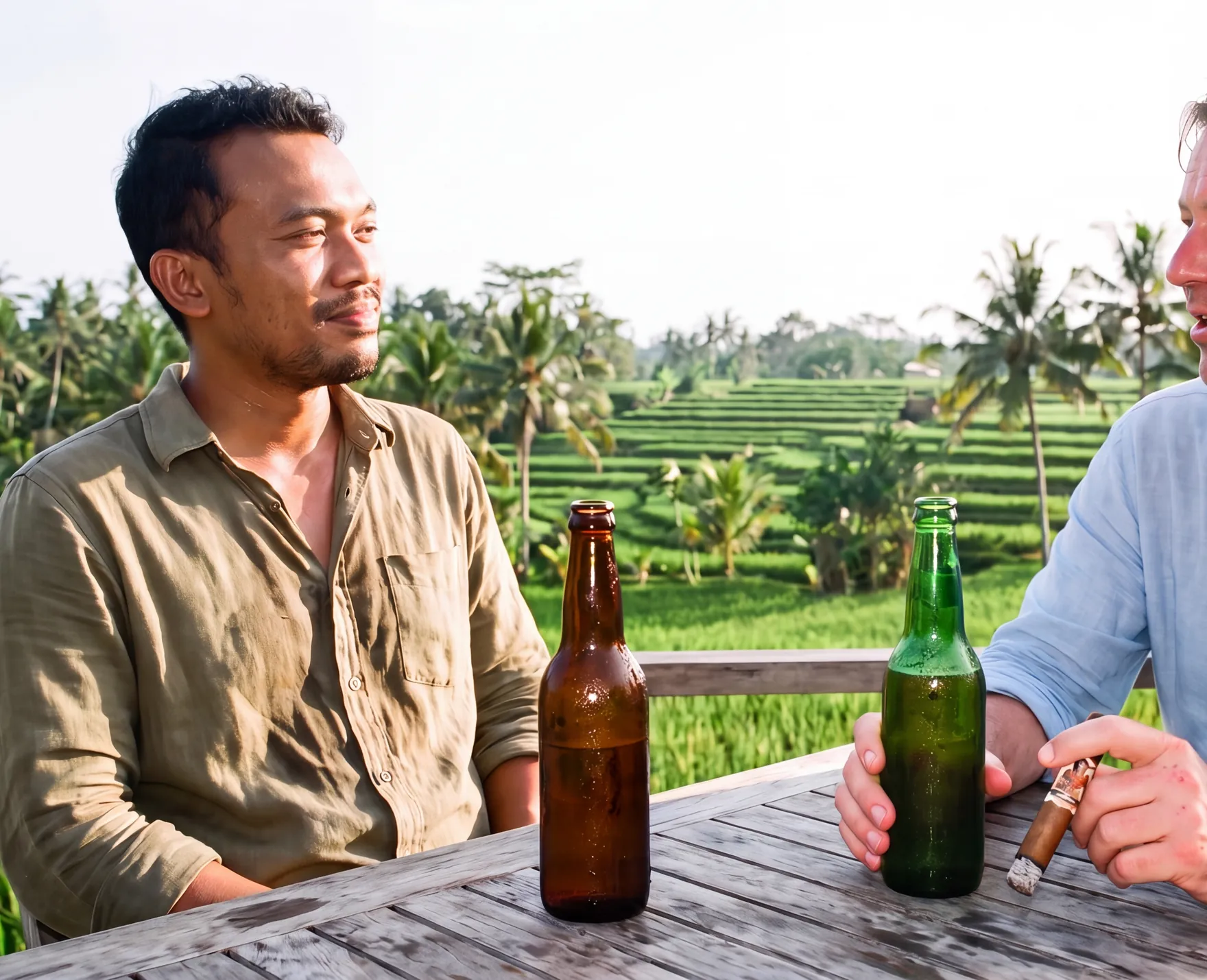 Two friends laughing over beers and cigars above the rice terraces