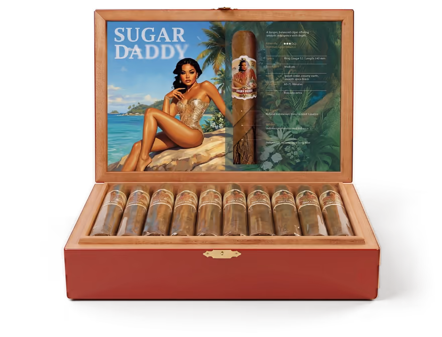 The Papasito Sugar Daddy box, open, with its cigars inside